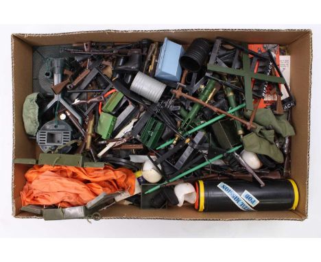 A tray containing a selection of vintage Palitoy Action Man spares &amp; accessories, including various guns, rifles, footwea
