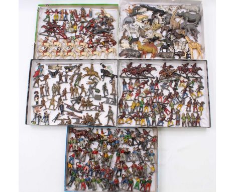 5 trays containing a large collection of Crescent, Charbens, Britains and similar lead and plastic figures to include Cowboy'