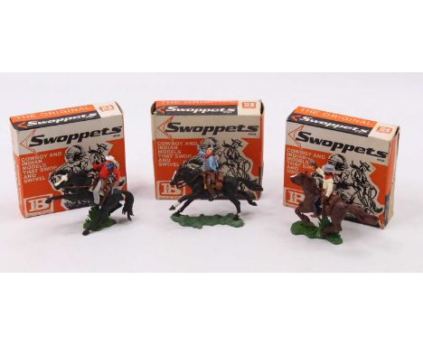 Britains Swoppets Cowboy boxed figure group, three various examples to include No. 633 Cowboy Firing Twin guns, mounted, No. 