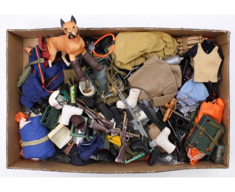A tray containing a selection of vintage Palitoy Action Man spares &amp; accessories, including various guns, rifles, footwea