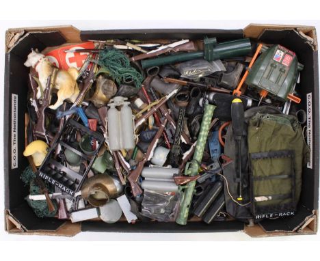 A tray containing a selection of vintage Palitoy Action Man spares &amp; accessories, including various guns, rifles, footwea