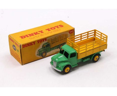 Dinky Toys No. 343 Farm Produce Wagon, green cab and chassis, yellow back and matching hubs, housed in the original call card