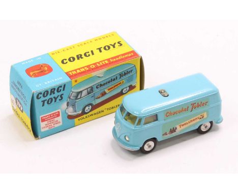 Corgi Toys No. 441 Volkswagen 'Chocolate Toblerone' van, light blue body with lemon interior, Trans-o-lite head lamps, spun h