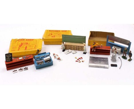 Crescent Toys boxed group of 3 comprising No. 1230 Butchers Shop, with one counter, 3 figures, joints of meat, meat tray, and