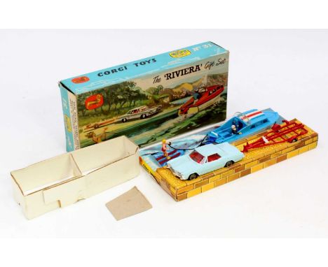 Corgi Toys Gift Set 31 Buick Riviera boat set, comprising of light blue Buick Riviera with red boat trailer, dolphin cabin cr