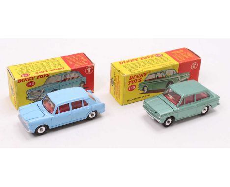 Dinky Toys boxed model group, 2 examples comprising No. 138 Hillman Imp saloon in metallic light green with a red interior (V