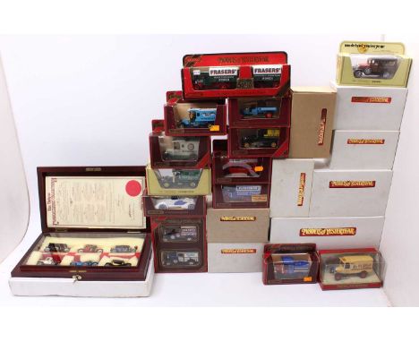 A collection of boxed Matchbox Models of Yesteryear, with examples including a YS16 1929 Scammell 100-ton truck trailer, a Y1