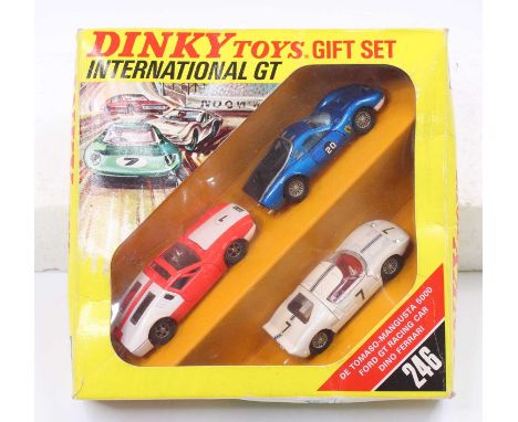 Dinky Toys No. 246 International GT Gift Set, contains 3 racing cars - a Ford GT in metallic blue, a Ferrari Dino in white, a