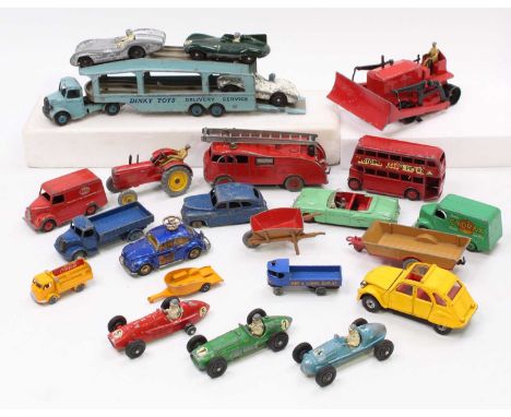 One tray containing a collection of various playworn diecast miniatures to include Dinky Toys, Corgi Toys, Crescent and other