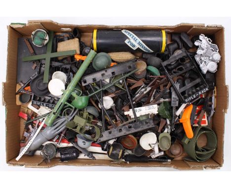 A tray containing a selection of vintage Palitoy Action Man spares &amp; accessories, including various guns, rifles, footwea