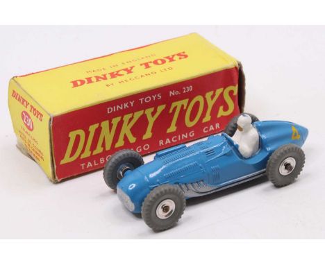 Dinky Toys No. 230 Talbot Lago Racing Car comprising blue body with white driver and racing No. 4, with spun hubs, and fitted