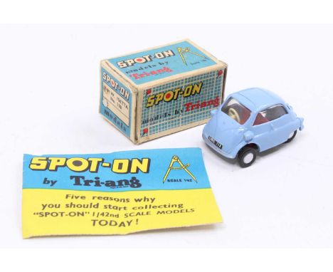 Spot On models by Triang No. 118 BMW Isetta Bubble Car, light blue body with red interior and spun hubs, housed in the origin