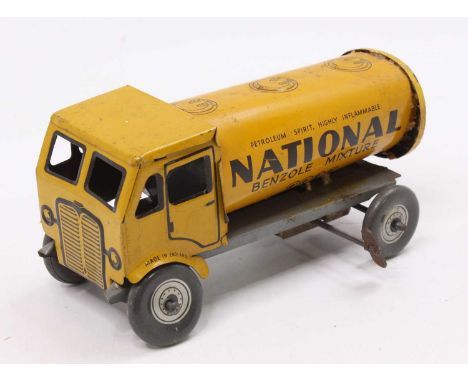 Mettoy tinplate clockwork "National Benzole" Tanker - smaller scale model is yellow with grey chassis, tinprinted balloon whe