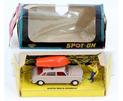 Spot On No. 410 Austin 1800 with rowboat, light brown with red interior, grey steering wheel, orange plastic boat, and figure