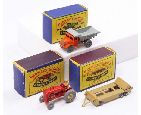 Matchbox Lesney boxed model group of 3 comprising No. 4a Massey Harris Tractor (VG-BG), No. 6 Quarry Truck (E-NM,BNMM), and N