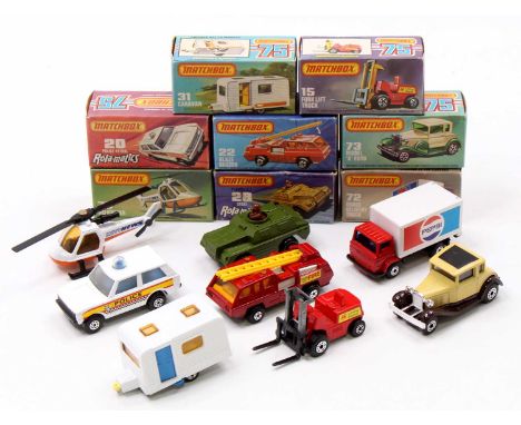 Matchbox Lesney Superfast boxed model group of 8 comprising No. 20 Police Patrol Range Rover, No. 72 Dodge Delivery Truck, No