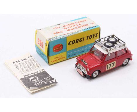 Corgi Toys No. 339 Mini Cooper S Monte Carlo Winner, red body with white roof, racing number 177, 2 spare wheels in roof rack