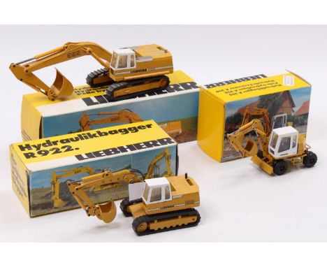 A collection of Conrad 1/50 scale Liebherr construction vehicle diecast group to include a Liebherr R922 hydraulic excavator,