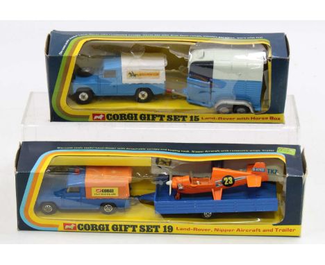 2 Corgi Toys Land Rover Gift Sets comprising GS 15 Land Rover with Horse Box, light blue, with white canopy, and 'Corgi Pony 