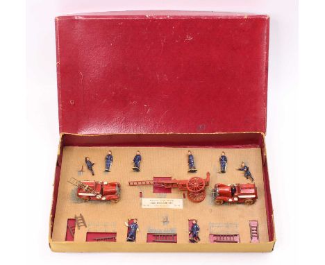 A Taylor &amp; Barrett No. 46 Fire Brigade Set, comprising 2x Fire Engines, both in red, with white foot plates, and silver t