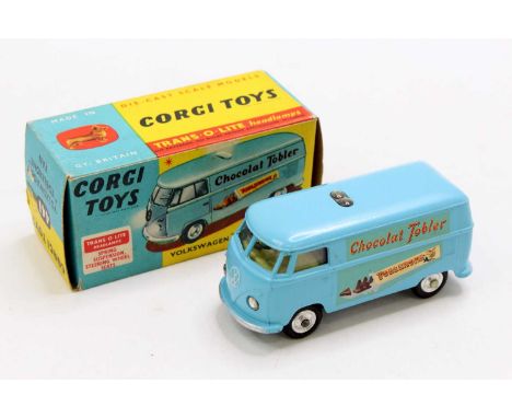 Corgi Toys No. 441 Volkswagen 'Chocolate Toblerone' van, light blue body with lemon interior, Trans-o-lite headlamps, spun hu