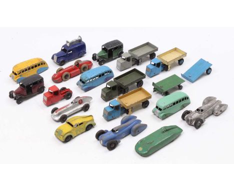 A collection of early play-worn Dinky Toys, with examples including No. 23D Auto Union Racing Car, No. 34A Air Mail Car, No. 