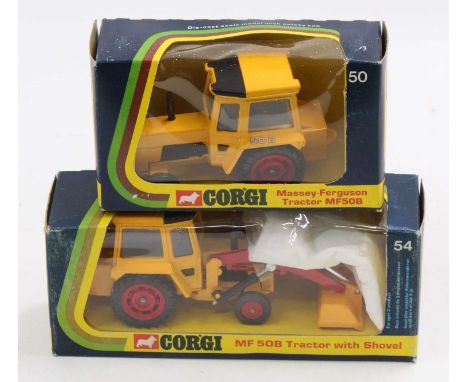 Corgi Toys boxed farming group, 2 examples comprising No. 50 Massey Ferguson MF 50B Tractor, and No. 54 Massey Ferguson Tract