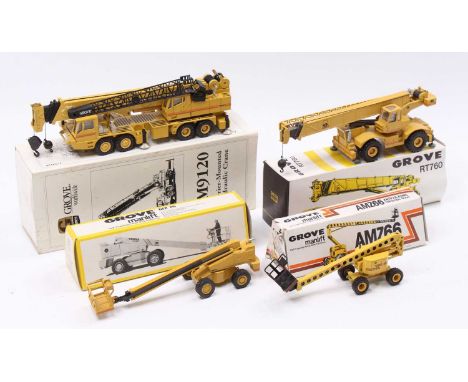 One box containing a collection of Grove 1/50 scale construction and earth moving diecasts to include an NZG 380 Grove TM9120