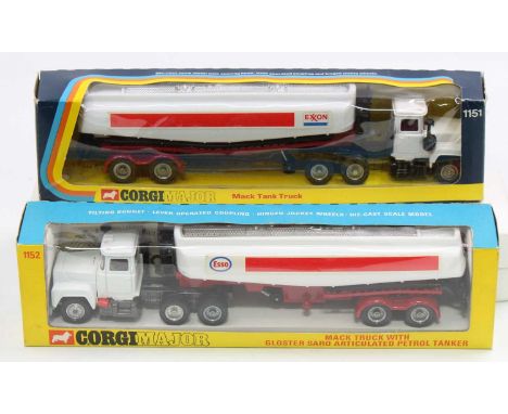 2 Corgi Toys boxed Mack Petrol Tankers comprising No. 1152 Mack Truck with articulated petrol tanker, finished in white with 