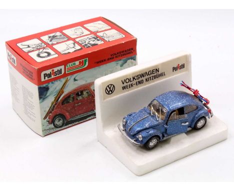 A Polistil 1/25th scale S77 Volkswagen Beetle Ski Edition, metallic blue body, with 'snow', and a brown interior, skis and sk