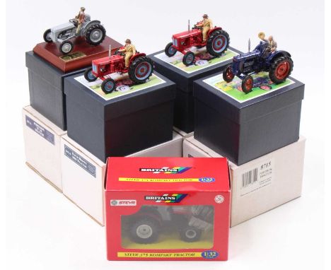 A collection of five 1/32 scale Britains model tractors to include No. 08716 David Brown 900 tractor, No. 8715 Fordson E27 N 