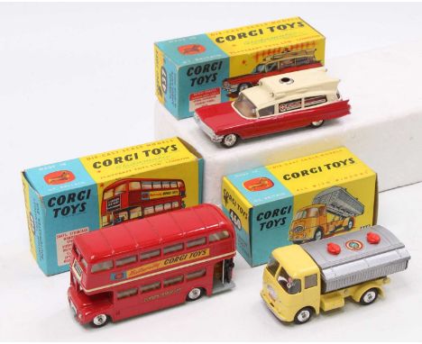 Corgi Toys boxed model group of 3 comprising No. 468 London Routemaster Bus (VG-BE), No. 460 Neville Cement Tipper (NM-BNM), 