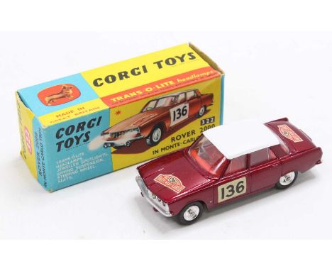 Corgi Toys No.322 Rover 2000 "Rallye Monte Carlo" - metallic maroon, white roof, red interior, racing decals to doors, bonnet