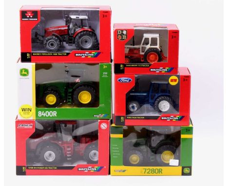 One box containing six various boxed Britains 1/32 scale farming and agricultural vehicles to include a John Deere 7280R trac