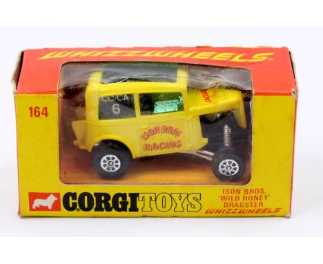 Corgi Toys Whizzwheels No.164 Ison Bros "Wild Honey" Dragster, yellow body with chrome engine, in the original yellow and ora