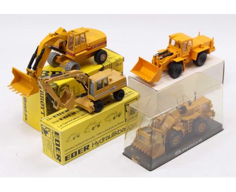 A collection of four mixed scale earth moving and construction diecast vehicles to include an NZG 238R, an Eder 835 hydraulic