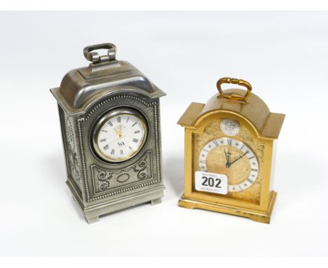 Small carriage clock in brass case and another in pewter case 