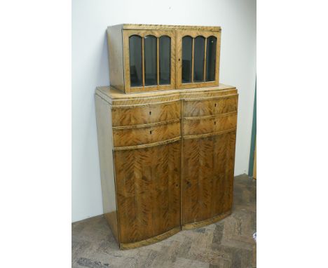 1930s art deco style double bow fronted cabinet with fitted cupboards and drawers with glazed bevelled top 39" wide x 62" hig