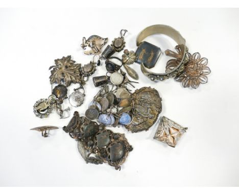 Collection of silver brooches, white metal bangle, sixpence and bracelet etc. 