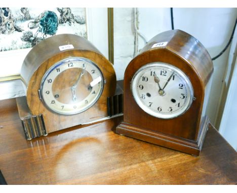 Striking mantle clock and inlaid mahogany case and a Westminster chiming clock in walnut case