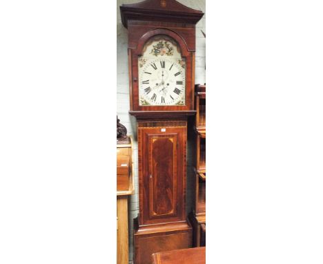 19th century 8 day grandfather clock with arched painted dial in inlaid mahogany case by R Williamson Falkirk together with w