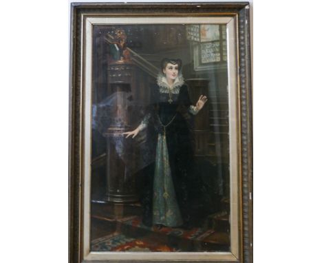 Large Victorian romantic full length portrait print of a Tudor lady