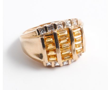 14ct yellow gold citrine and diamond dress ring set with baton cut citrines in a rectangular panel ring size 'P' 