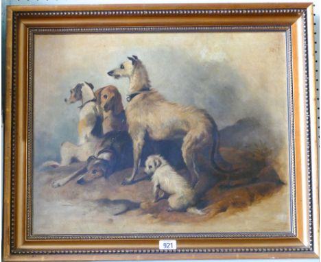 19th century oil on canvas portrait of a group of working dogs to include Lurcher, Terrier and Hounds.  38 x 48cm      Condit
