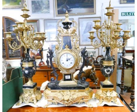 Reproduction French gilt and black marble 3 piece clock garniture 