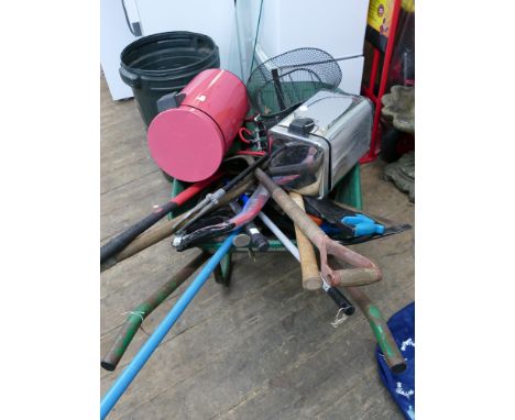 Wheelbarrow containing qty of hand tools, foot pump etc. 