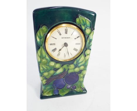 Modern Moorcroft finches mantel clock with Quartz movement impressed 'Moorcroft, Made in England' to base.  Height 16cm 
