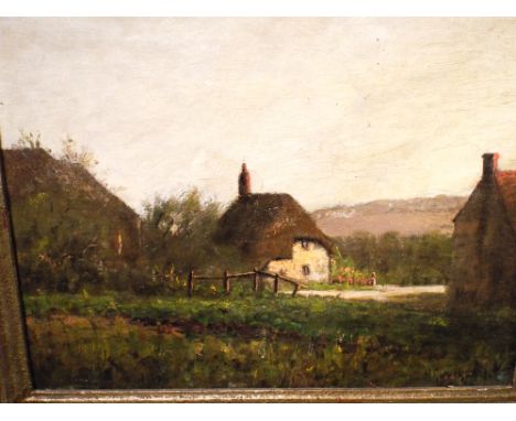 19th century oil on canvas painting of a landscape scene and thatched cottage.  30 x 37cm.  Signed H Goldthwaite      Conditi