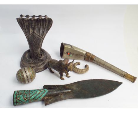 Collection of Middle Eastern artifacts to include cobra style candlestick and a trumpet (36cm) 