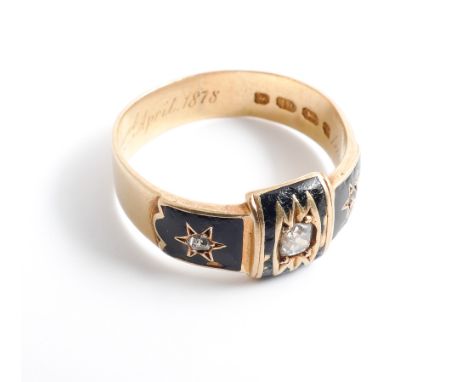 Victorian memorial ring set with brilliant cut diamond in black enamel decorated band, memorial inscription J H Fowler died 2